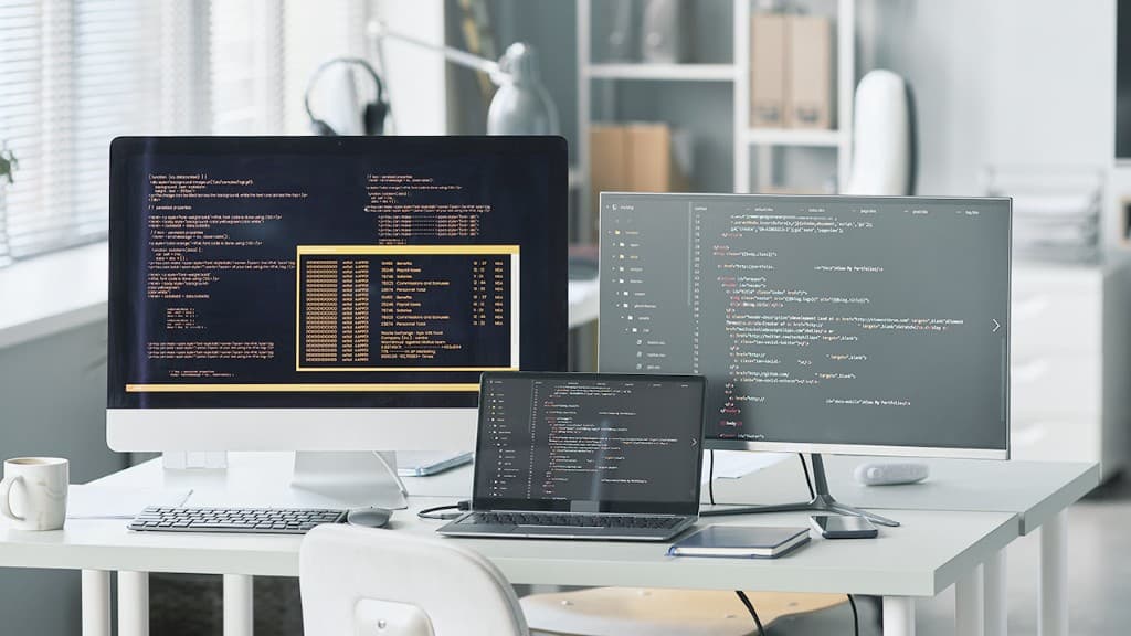A desk with monitors, a laptop, and a mug